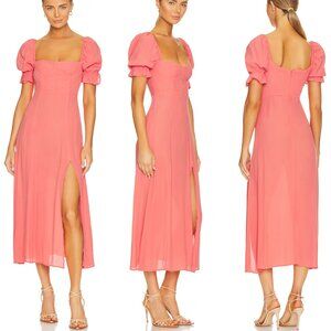 WeWoreWhat Coral Puff Sleeve Midi Dress - Corset Top Midi Dress with Side Slit